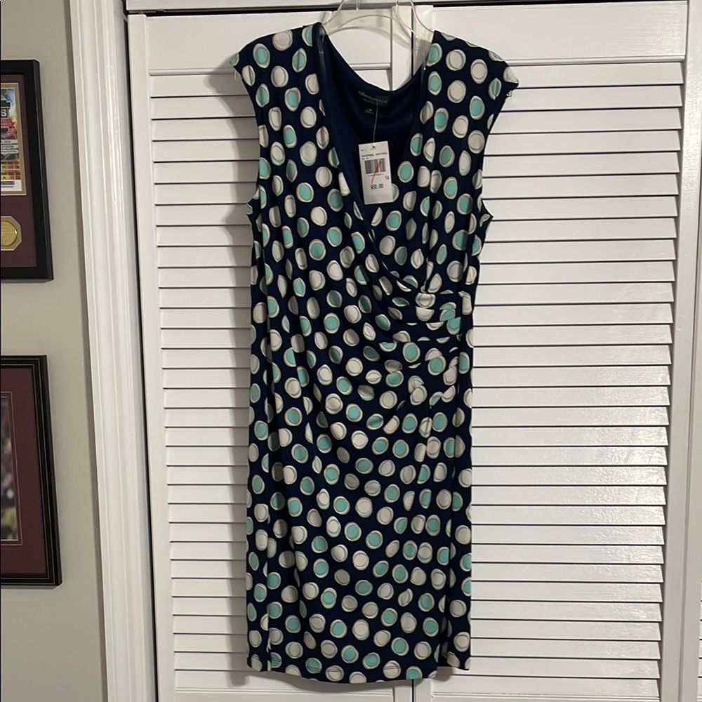 Connected Apparel White and Blue Ruched Polka Dot Wrap Midi Dress